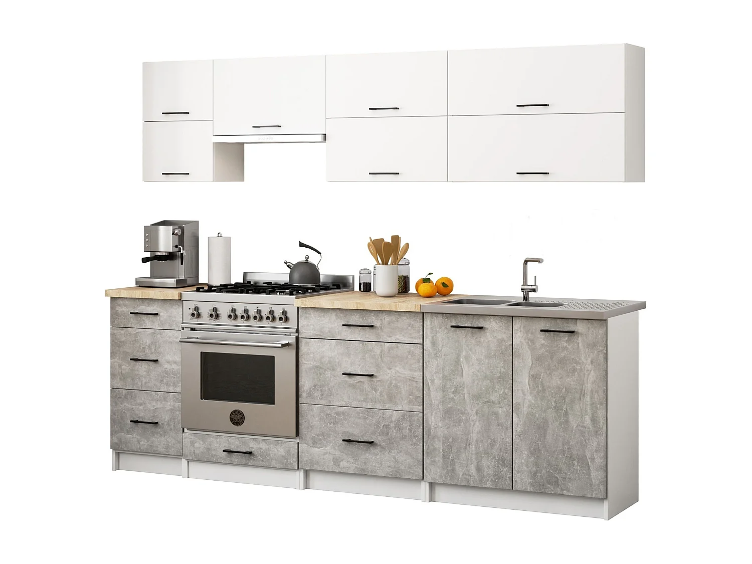 Complete Keuken, Keukenmeubelset OLI0WIA G2 met Verkblad 240 cm breed / Keukeneenheid zonder apparatuur / Wit – Beton Grijs / 240 x 203 x 46 cm