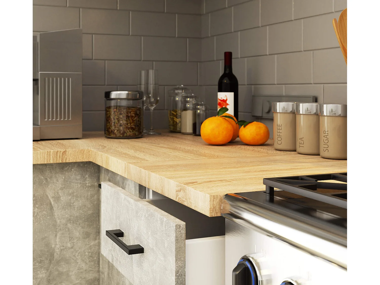 Complete Keuken, Keukenmeubelset OLI0WIA G2 met Verkblad 240 cm breed / Keukeneenheid zonder apparatuur / Wit – Beton Grijs / 240 x 203 x 46 cm