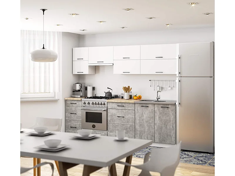 Ensemble De Cuisine AKORD OLIWIA G2 Blanc 240 cm 10 portes 6 tiroirs façade Béton 240x46x203 cm