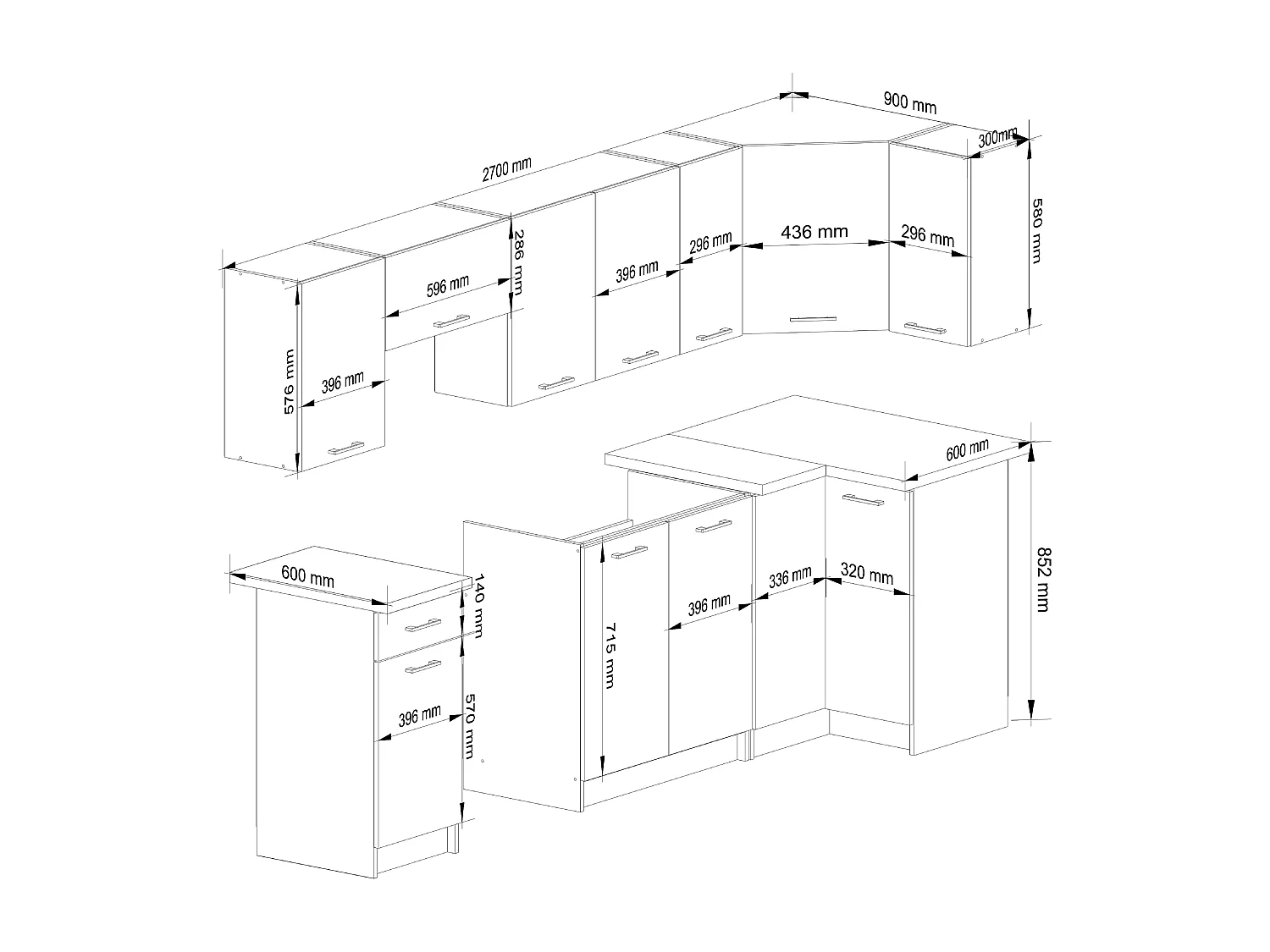 Oliwia Hoekkeuken Set 3M Wit - Moderne L-vorm Keukenkastjes met ABS Randen en Sonoma Eiken Werkblad, 16 Planken, 11 Deuren, 1 Lade - Zelfmontage - 300x203x46cm