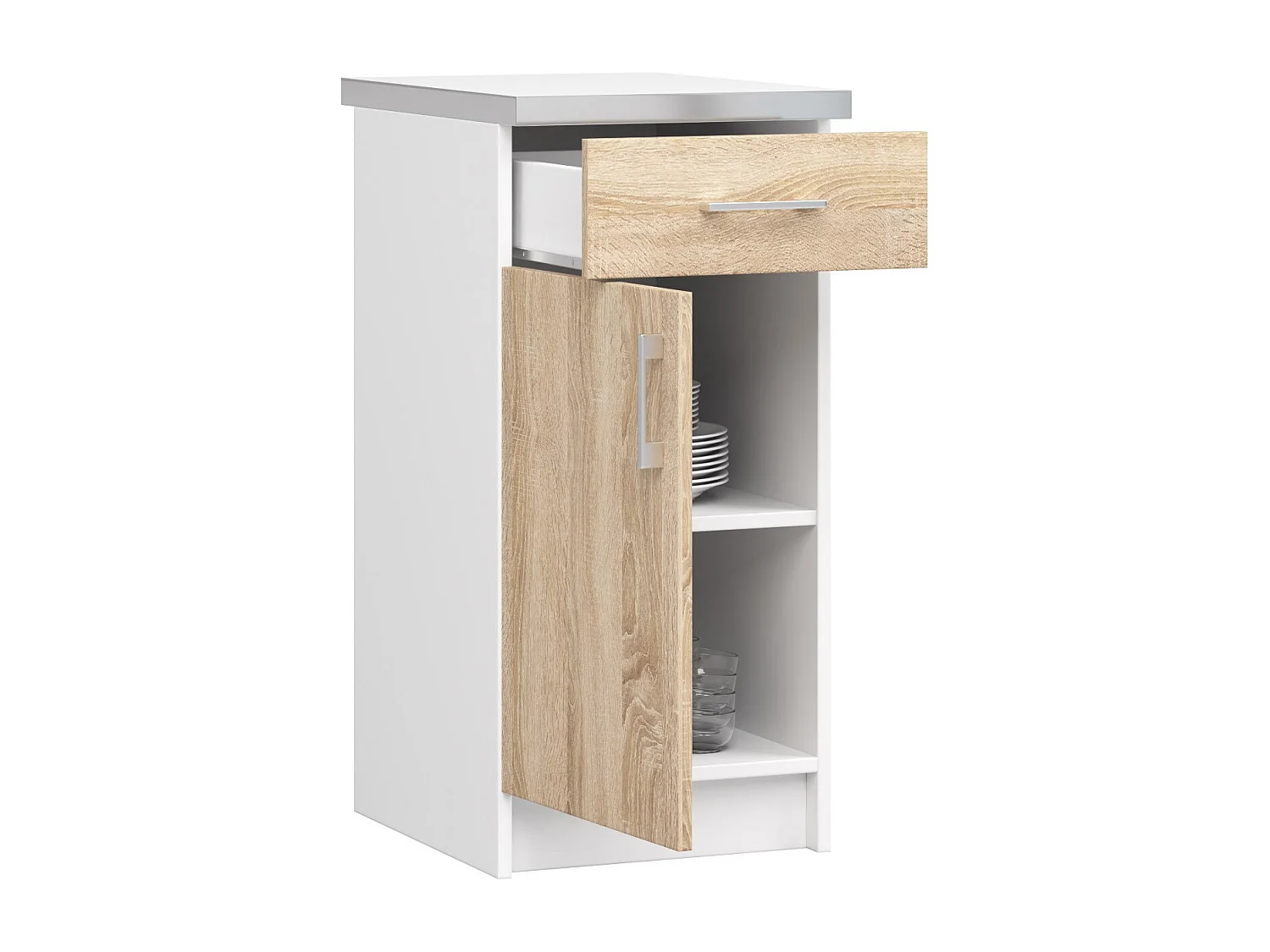 Armoires de cuisine basse AKORD S40 LIMA Blanc 40 cm 1 porte 1 tiroir façade Chêne Sonoma 2 étagères 40x44,5x82 cm