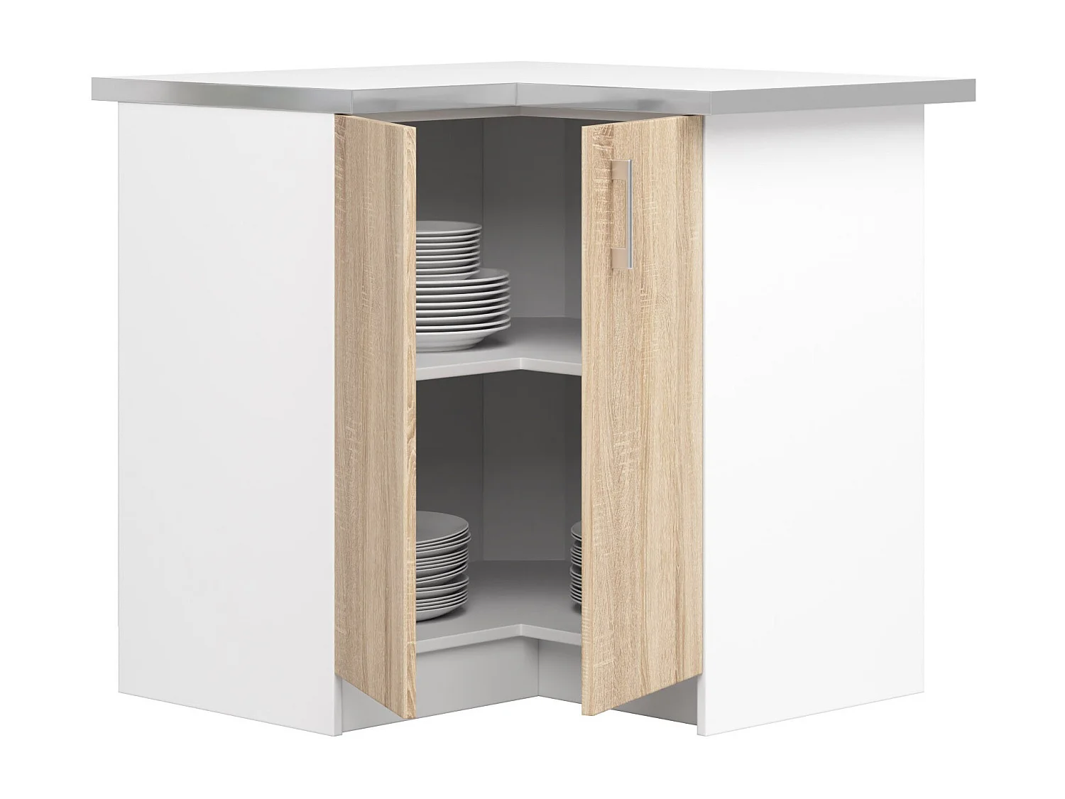 Armoires de cuisine basse AKORD S90 d'angle LIMA modul. Blanc 84 cm 2 portes façade Chêne Sonoma 2 étagères 84x44,5x85,5 cm