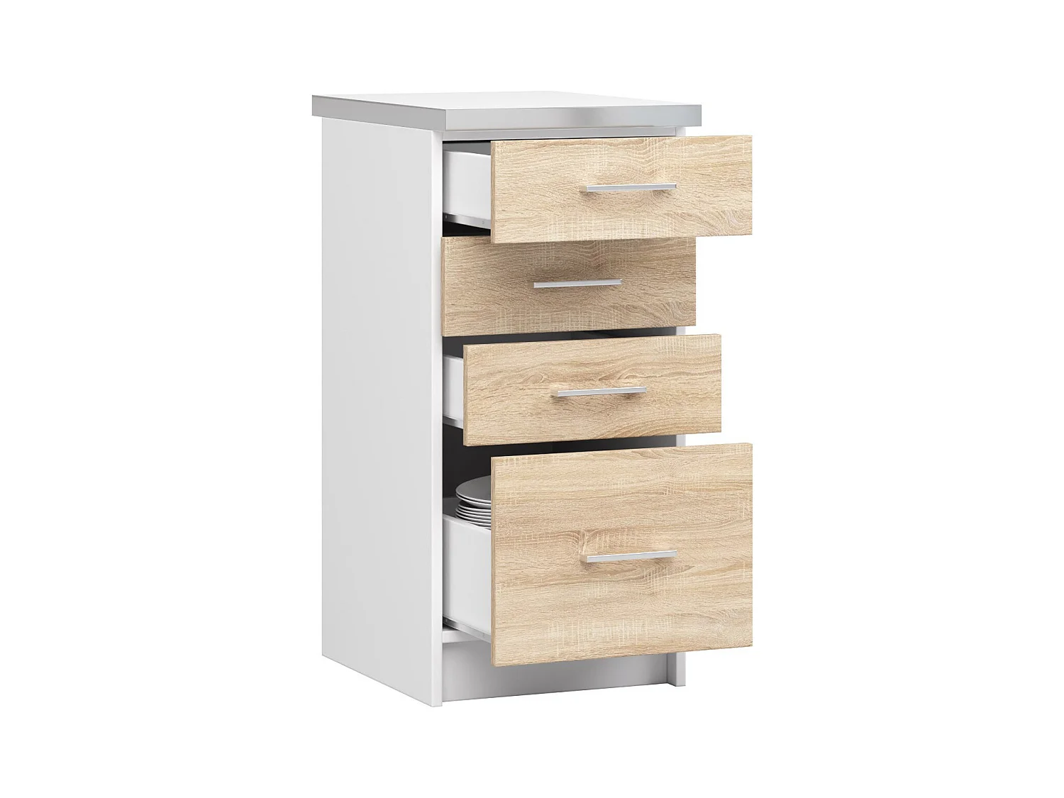 Mobile cucina modulare con piano di lavoro AKORD LIMA Bianco 40 cm 4 cassetti inserto frontale Sonoma Quercia 40x44,5x82 cm