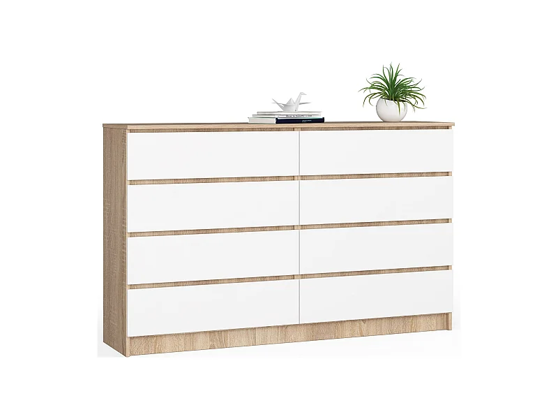 Kommode AKORD K160 Sonoma-Eiche 160 cm 8 Schubladen Front Weiß B160 x H99 x T40 cm