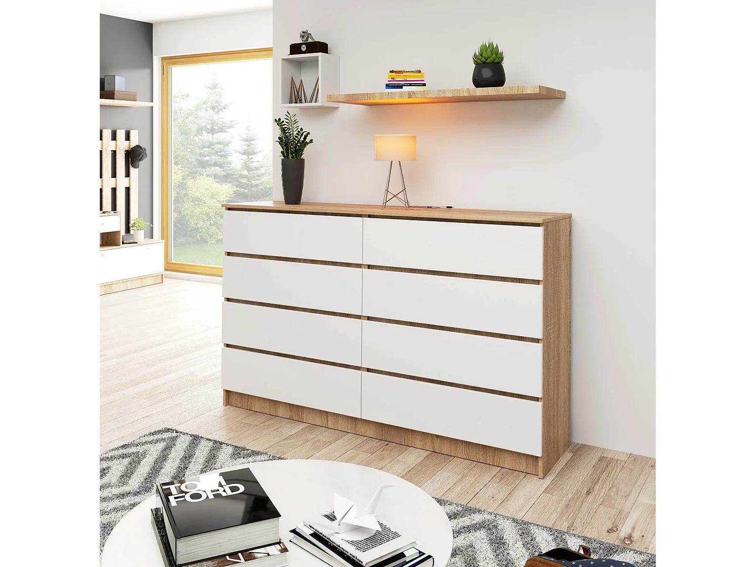 Cassettiera AKORD K160 Sonoma Quercia 160 cm 8 cassetti inserto frontale Bianco 160x40x99 cm