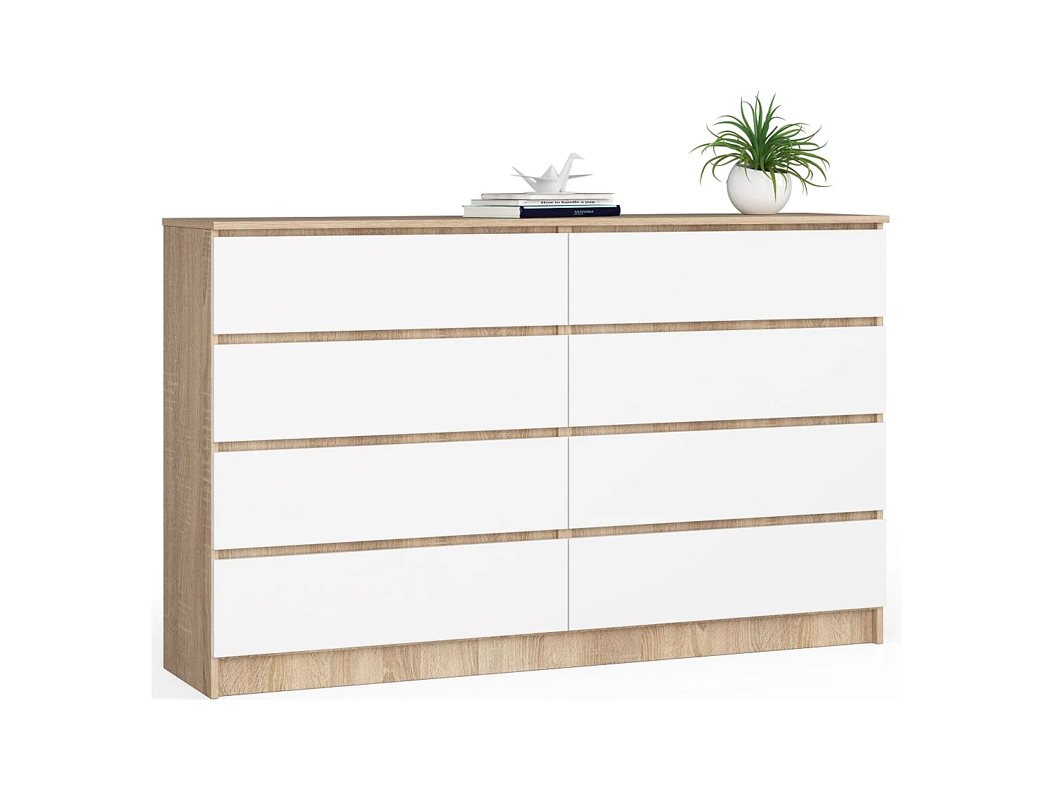 Grande Commode pour le salon AKORD K160 Chêne Sonoma 160 cm 8 tiroirs façade Blanche 160x40x99 cm