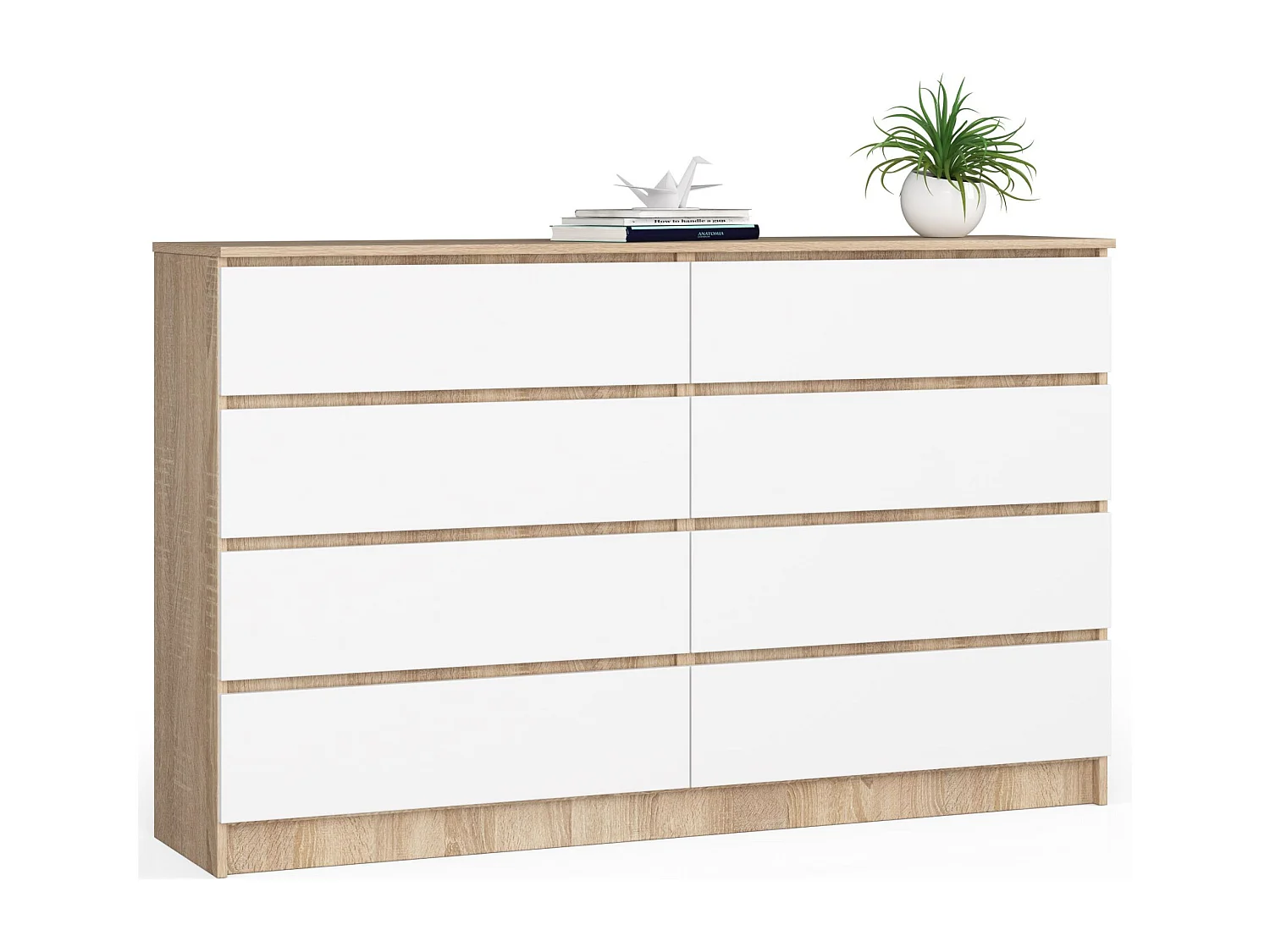 Grande Commode pour le salon AKORD K160 Chêne Sonoma 160 cm 8 tiroirs façade Blanche 160x40x99 cm