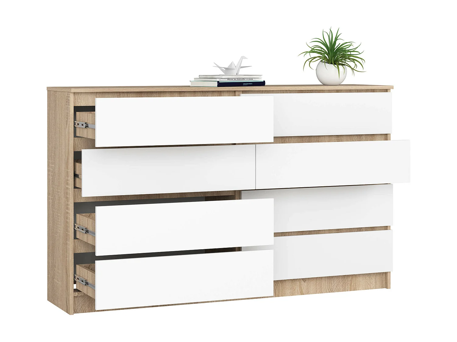 Grande Commode pour le salon AKORD K160 Chêne Sonoma 160 cm 8 tiroirs façade Blanche 160x40x99 cm