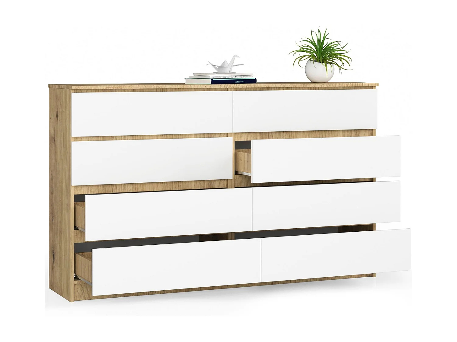 Grande Commode pour le salon AKORD K160 Chêne Artisan 160 cm 8 tiroirs façade Blanche 160x40x99 cm