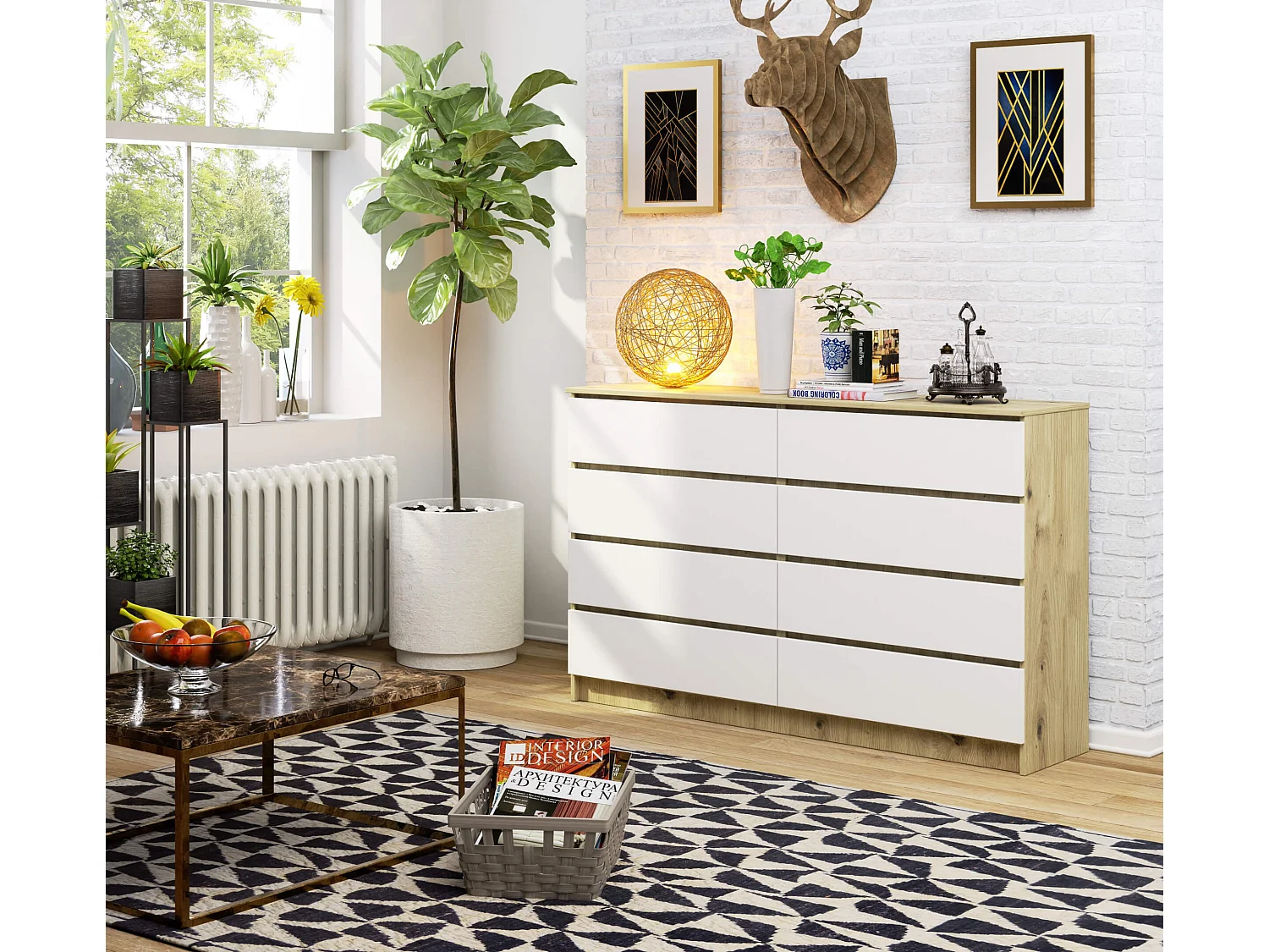 Grande Commode pour le salon AKORD K160 Chêne Artisan 160 cm 8 tiroirs façade Blanche 160x40x99 cm