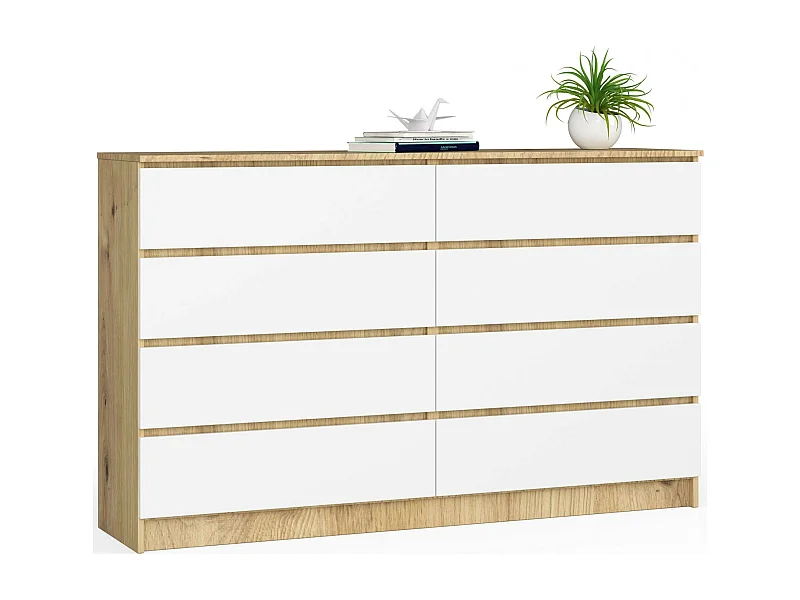 Grande Commode pour le salon AKORD K160 Chêne Artisan 160 cm 8 tiroirs façade Blanche 160x40x99 cm