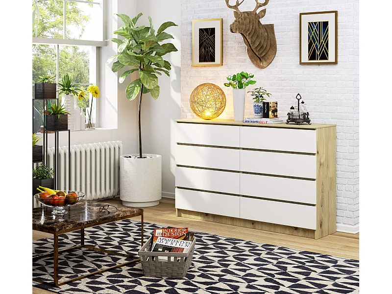 Grande Commode pour le salon AKORD K160 Chêne Artisan 160 cm 8 tiroirs façade Blanche 160x40x99 cm
