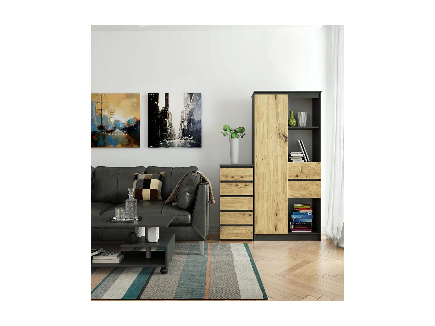 Kommode AKORD CL5 Graphitgrau 40 cm 5 Schubladen Front Eiche Artisan B40 x H92 x T35 cm