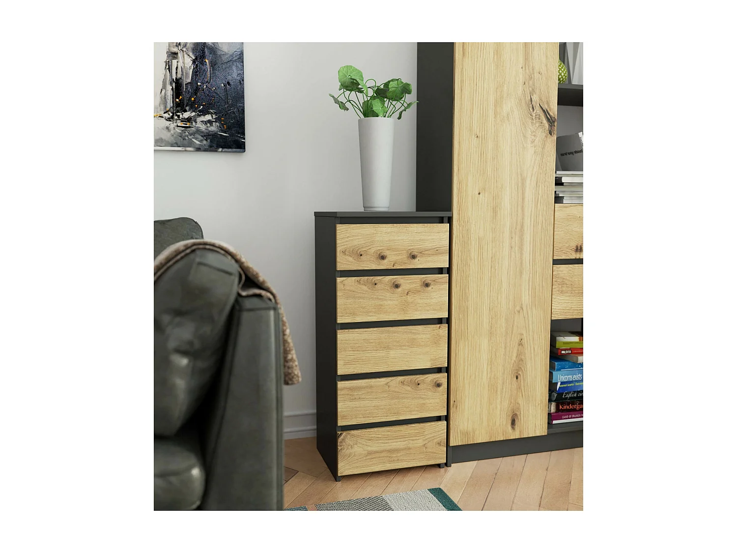 Kommode AKORD CL5 Graphitgrau 40 cm 5 Schubladen Front Eiche Artisan B40 x H92 x T35 cm