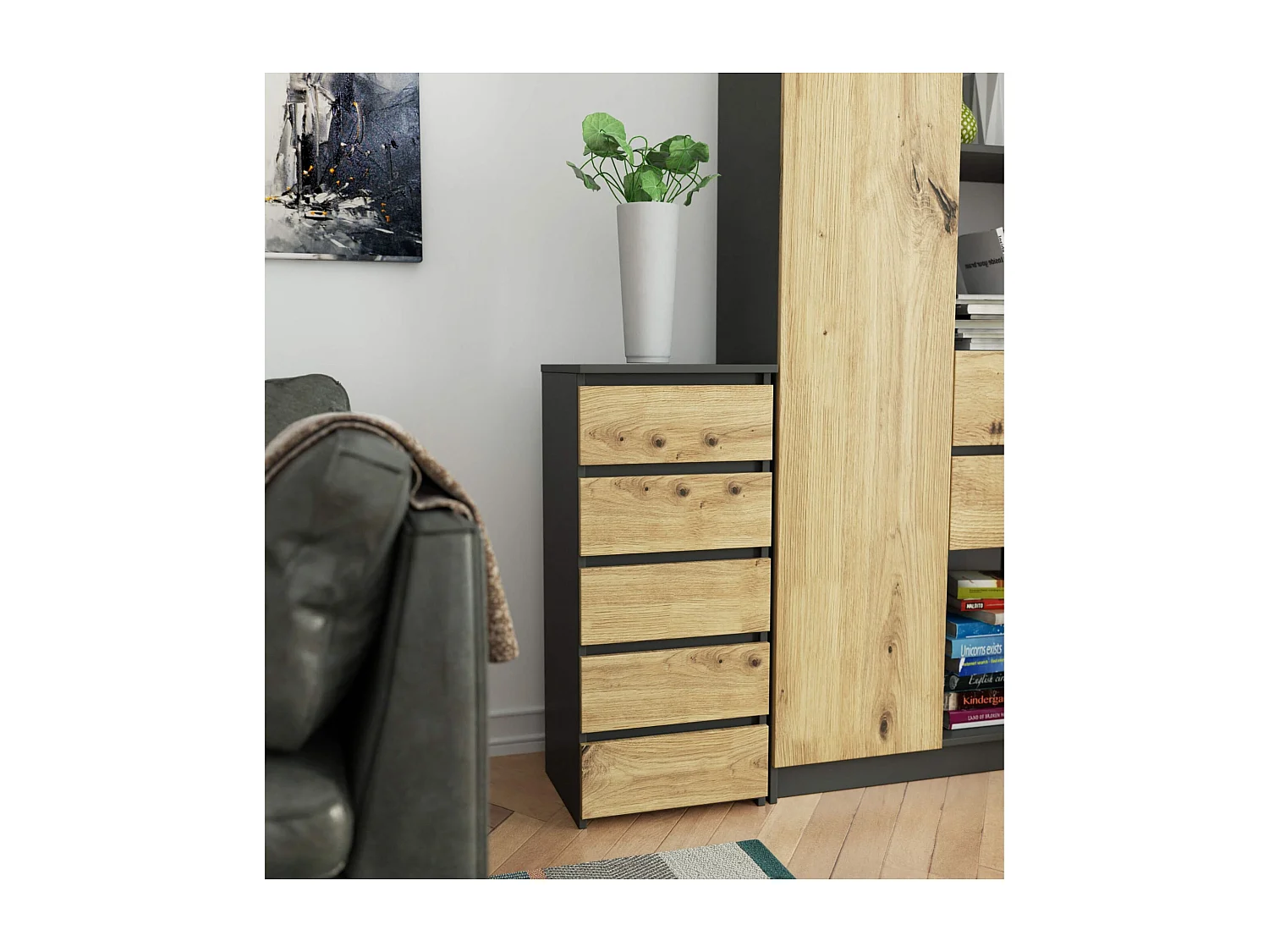 Commode AKORD CL5 Gris Graphite 40 cm 5 tiroirs façade Chêne Artisan 40x35x92 cm