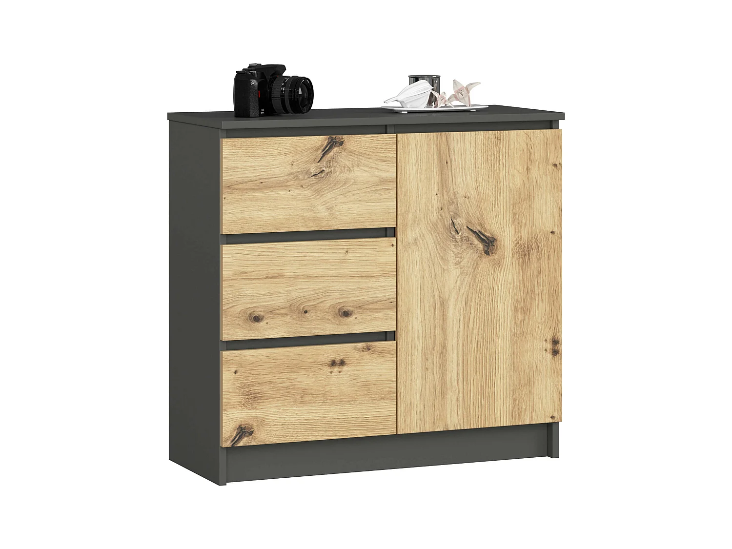 Commode AKORD JERRY Gris Graphite 80 cm 1 porte 3 tiroirs façade Chêne Artisan 2 étagères 80x35x77 cm