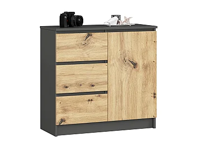 Commode AKORD JERRY Gris Graphite 80 cm 1 porte 3 tiroirs façade Chêne Artisan 2 étagères 80x35x77 cm