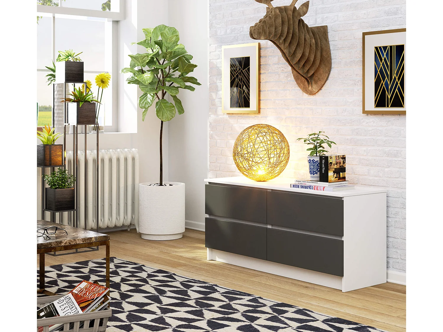 Kommode AKORD K120 Weiß 120 cm 4 Schubladen Front Graphitgrau B120 x H55 x T40 cm