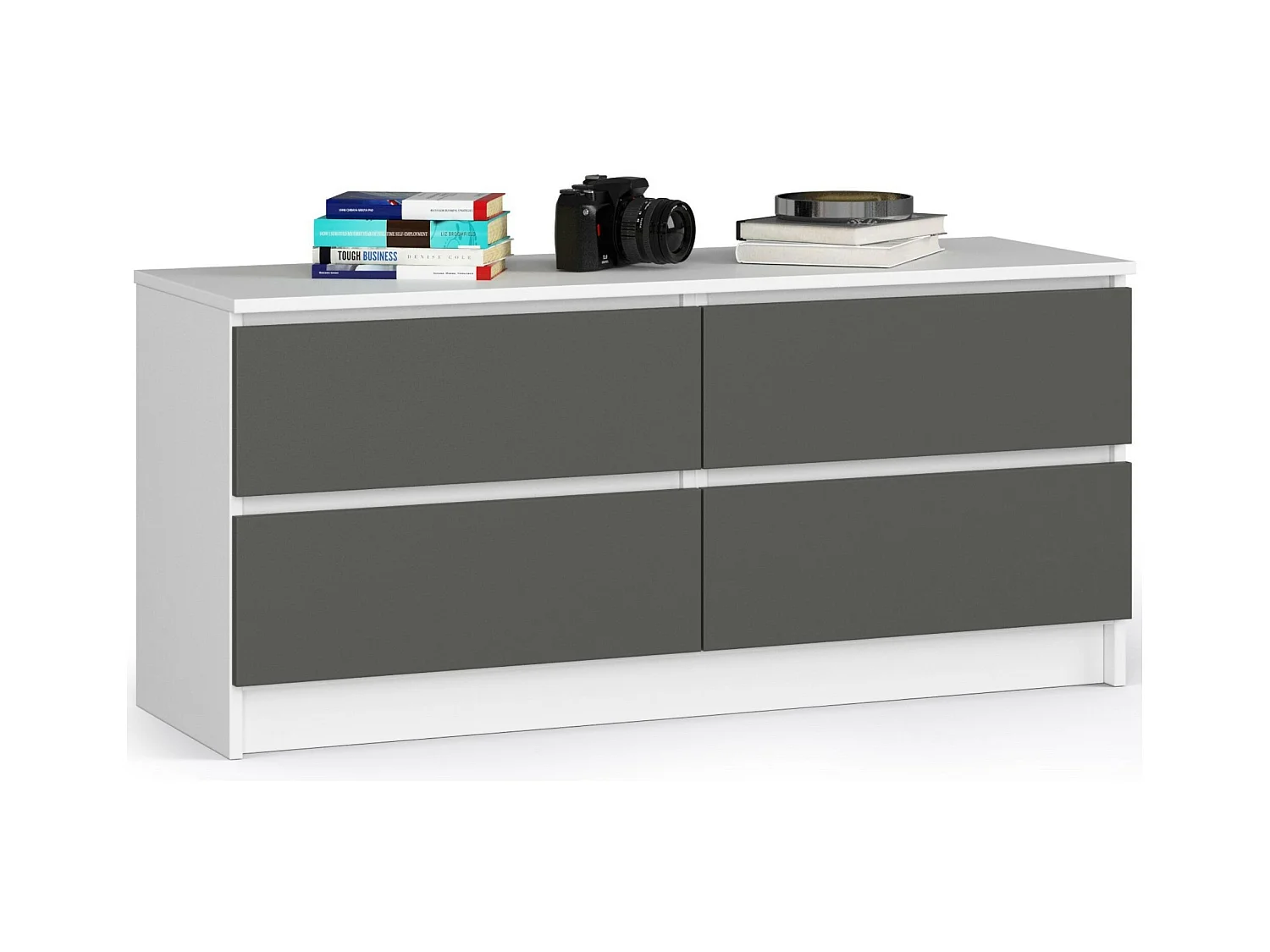 Commode AKORD K120 Blanche 120 cm 4 tiroirs façade Gris Graphite 120x40x55 cm