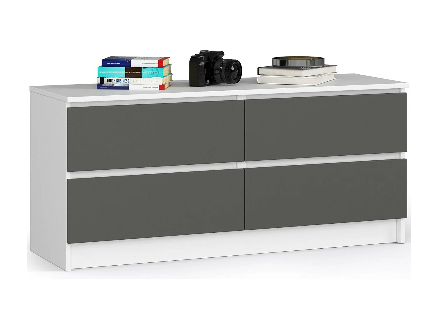 Commode AKORD K120 Blanche 120 cm 4 tiroirs façade Gris Graphite 120x40x55 cm