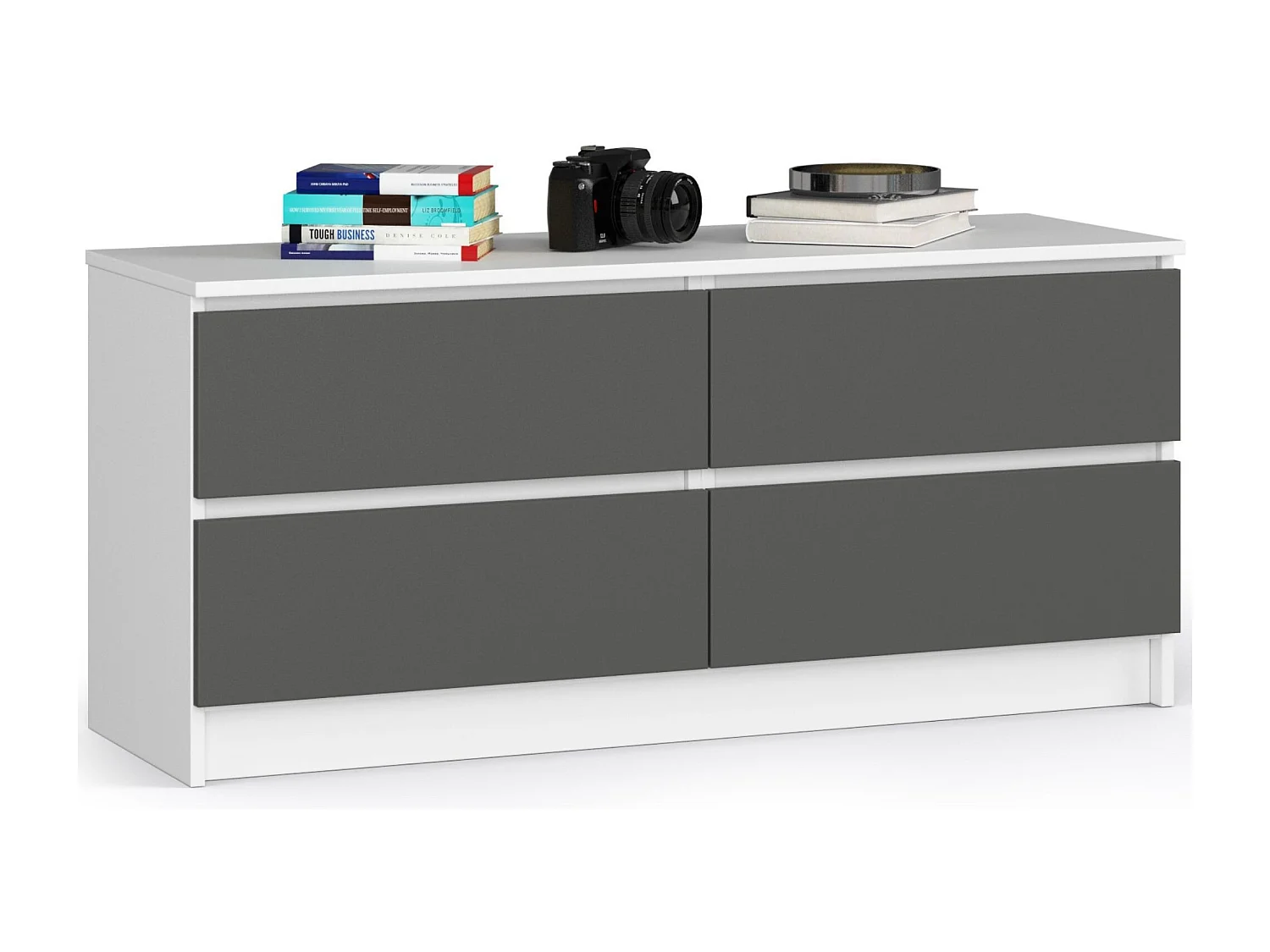 Commode AKORD K120 Blanche 120 cm 4 tiroirs façade Gris Graphite 120x40x55 cm