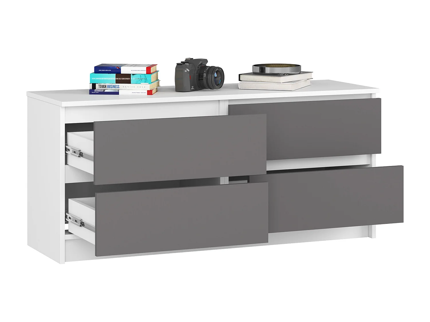 Commode AKORD K120 Blanche 120 cm 4 tiroirs façade Gris Graphite 120x40x55 cm