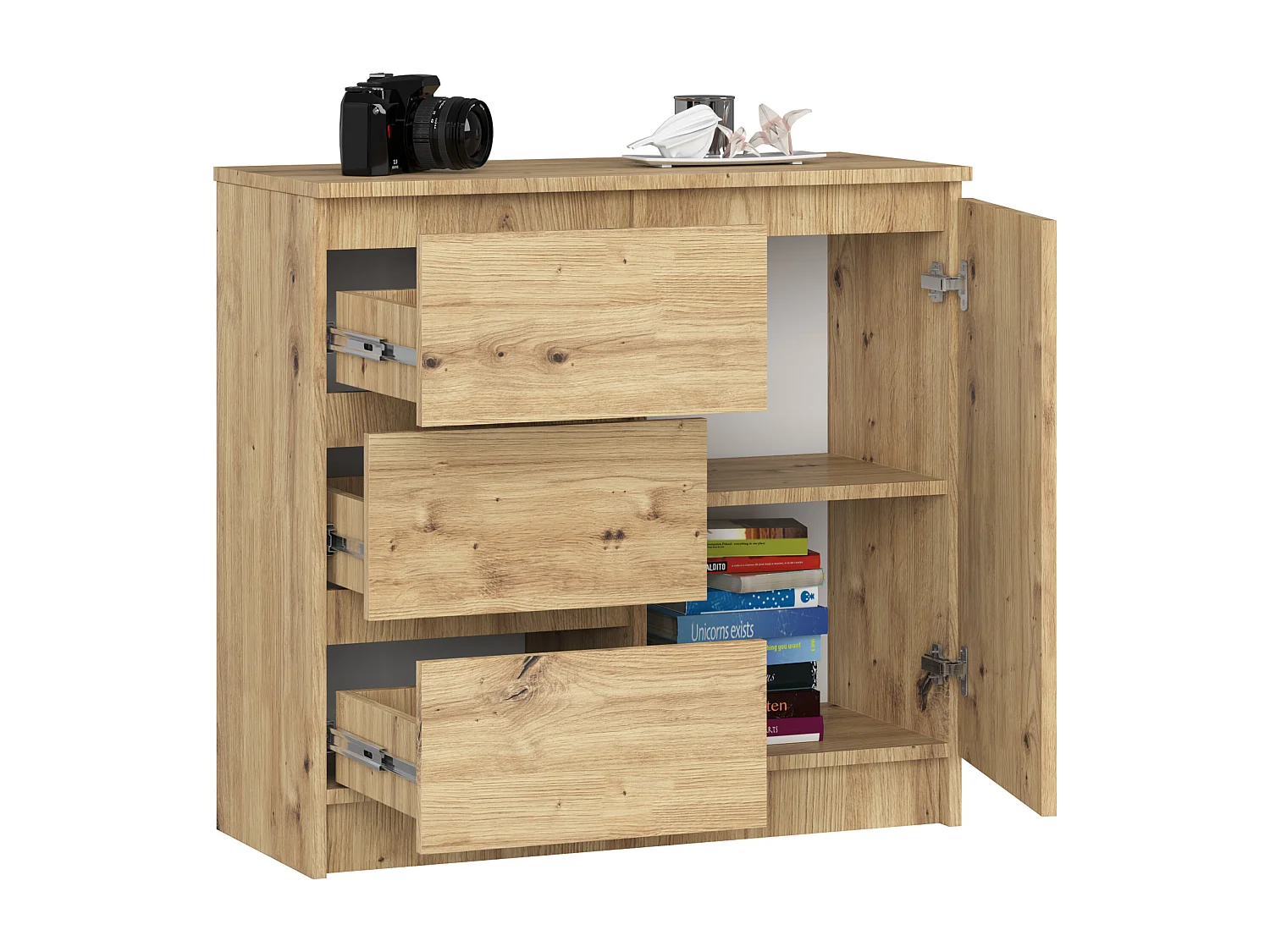 Kommode AKORD JERRY Eiche Artisan 80 cm Tür 3 Schubladen 2 Ebenen B80 x H77 x T35 cm