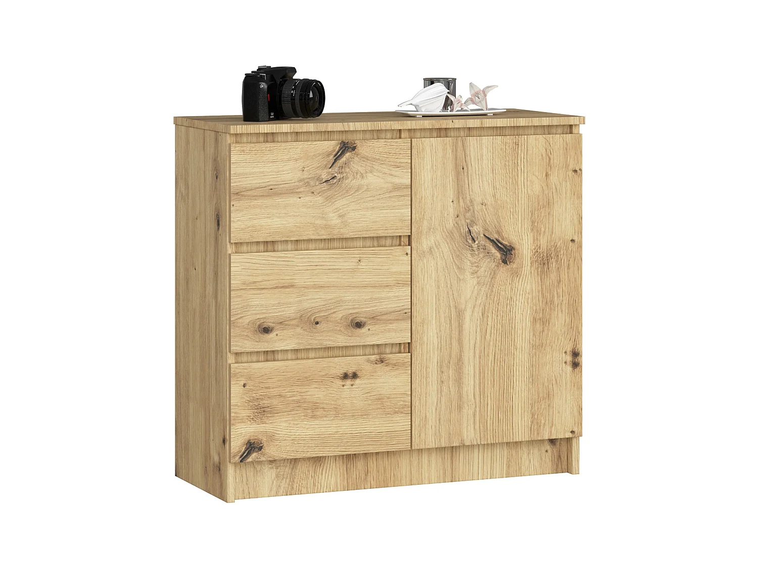 Commode AKORD JERRY Chêne Artisan 80 cm 1 porte 3 tiroirs façade Chêne Artisan 2 étagères 80x35x77 cm