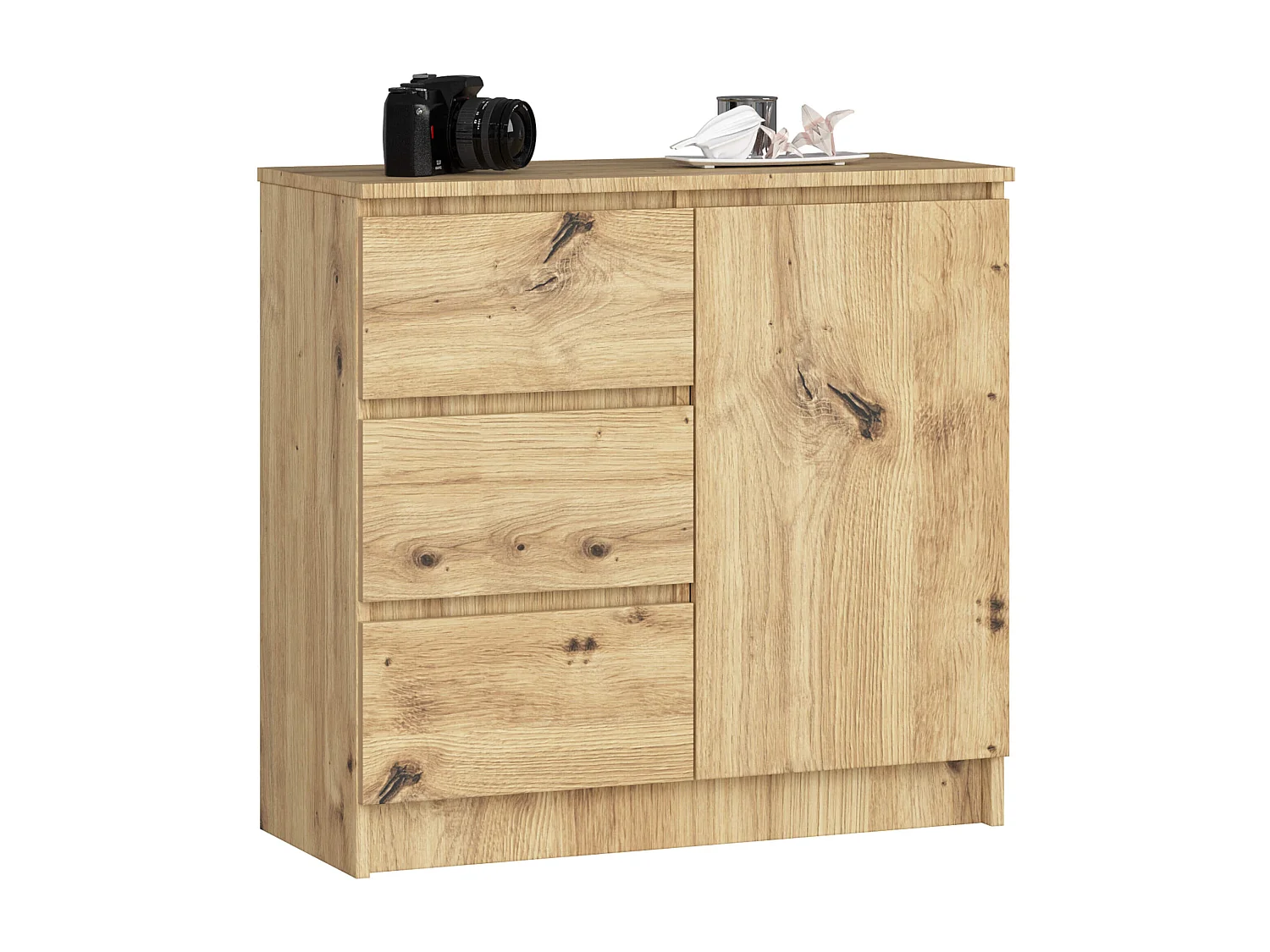 Commode AKORD JERRY Chêne Artisan 80 cm 1 porte 3 tiroirs façade Chêne Artisan 2 étagères 80x35x77 cm