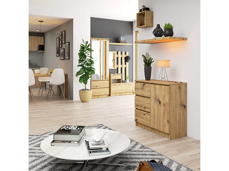 Ladekast JERRY met 3 Lades en 2 Deuren / AKORD Furniture Factory / Artisan Eik / 80 x 77 x 35 cm