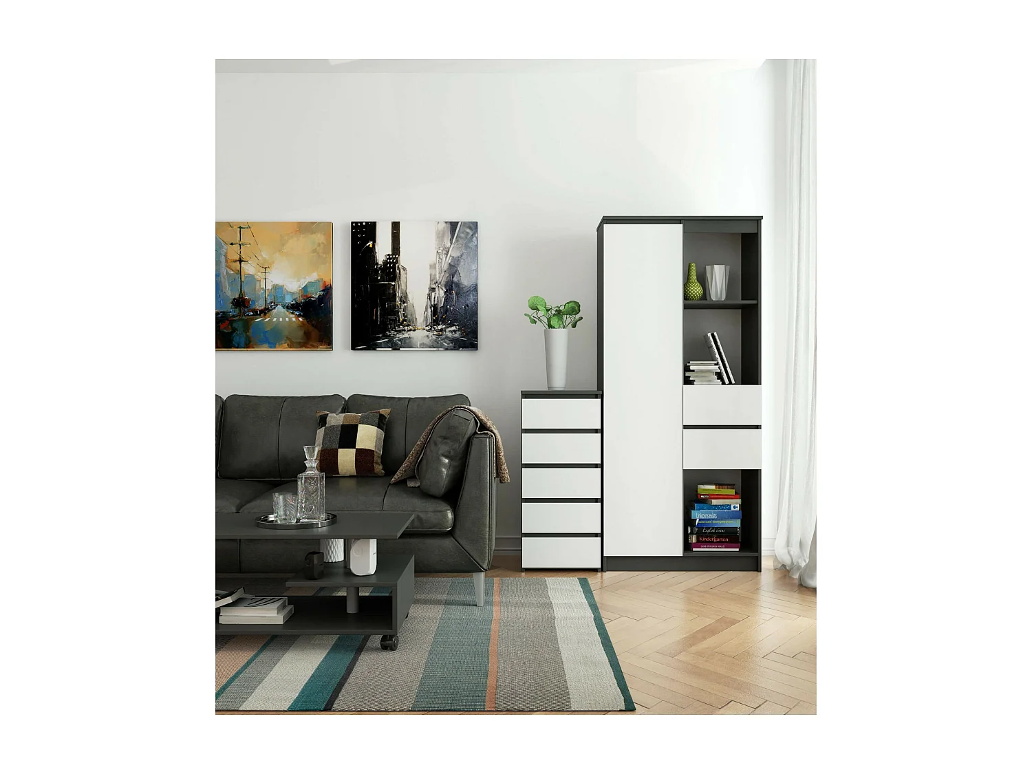 Cassettiera AKORD CL5 Cassettiera Grigia Grafite 40 cm 5 cassetti inserto frontale Bianco 40x35x92 cm