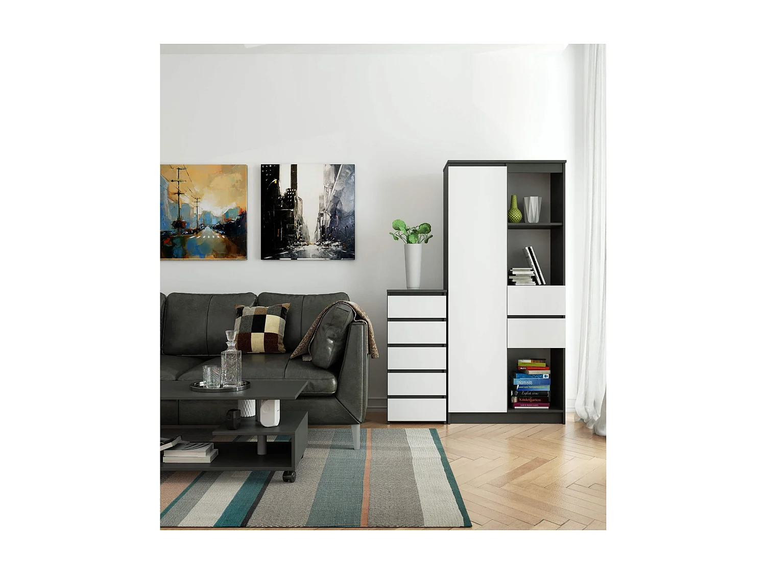 Cassettiera AKORD CL5 Cassettiera Grigia Grafite 40 cm 5 cassetti inserto frontale Bianco 40x35x92 cm