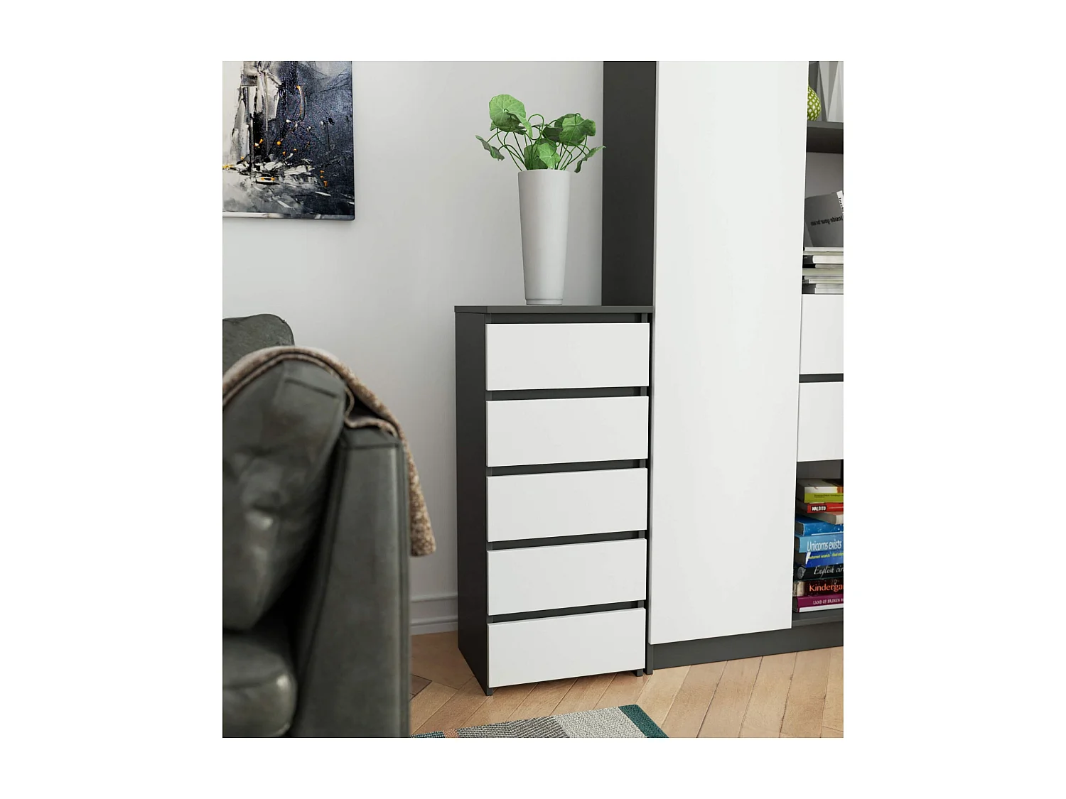 Cassettiera AKORD CL5 Cassettiera Grigia Grafite 40 cm 5 cassetti inserto frontale Bianco 40x35x92 cm
