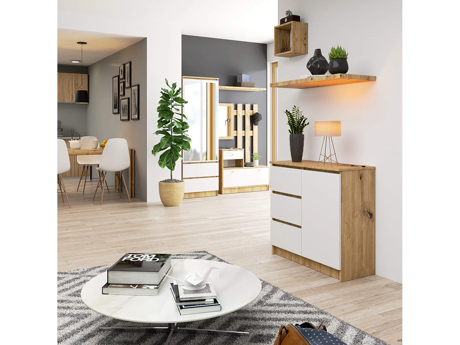 Kommode AKORD JERRY Eiche Artisan 80 cm Tür 3 Schubladen 2 Ebenen Front Weiß B80 x H77 x T35 cm