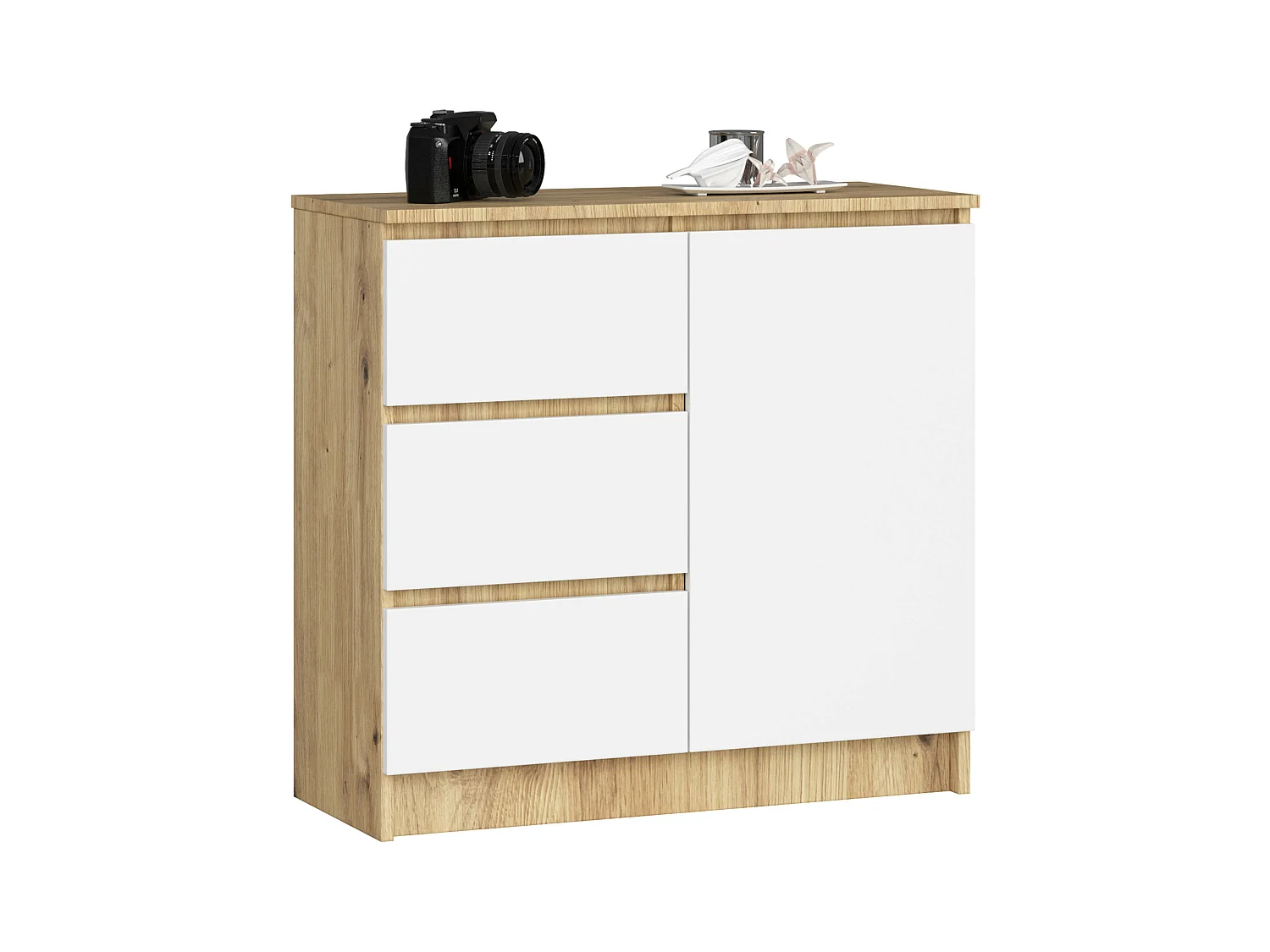 Commode AKORD JERRY Chêne Artisan 80 cm 1 porte 3 tiroirs façade Blanche 2 étagères 80x35x77 cm