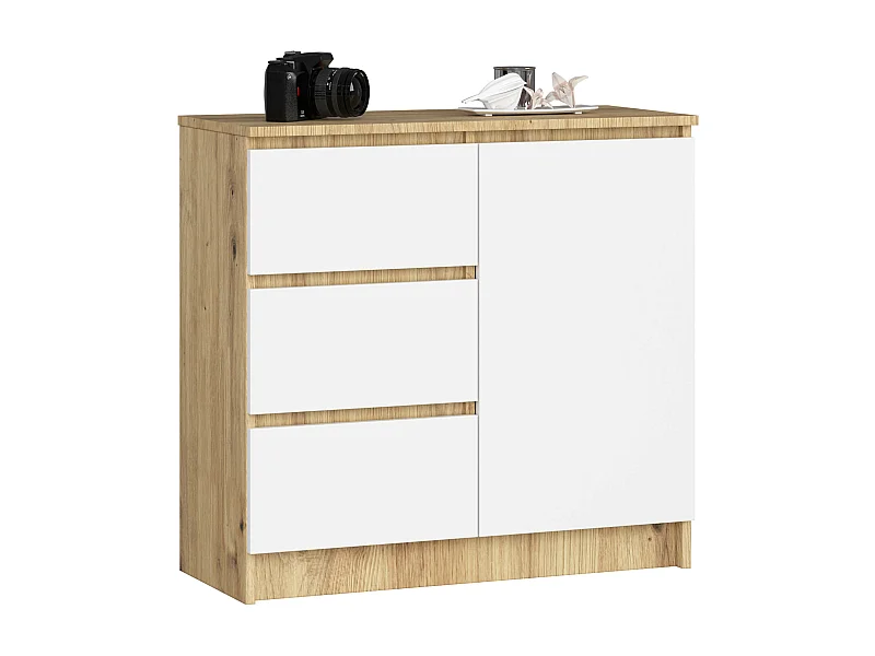 Commode AKORD JERRY Chêne Artisan 80 cm 1 porte 3 tiroirs façade Blanche 2 étagères 80x35x77 cm