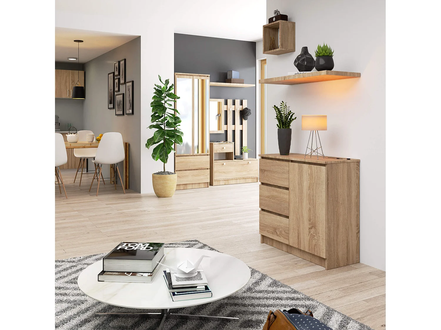 Commode AKORD JERRY Chêne Sonoma 80 cm 1 porte 3 tiroirs façade Chêne Sonoma 2 étagères 80x35x77 cm