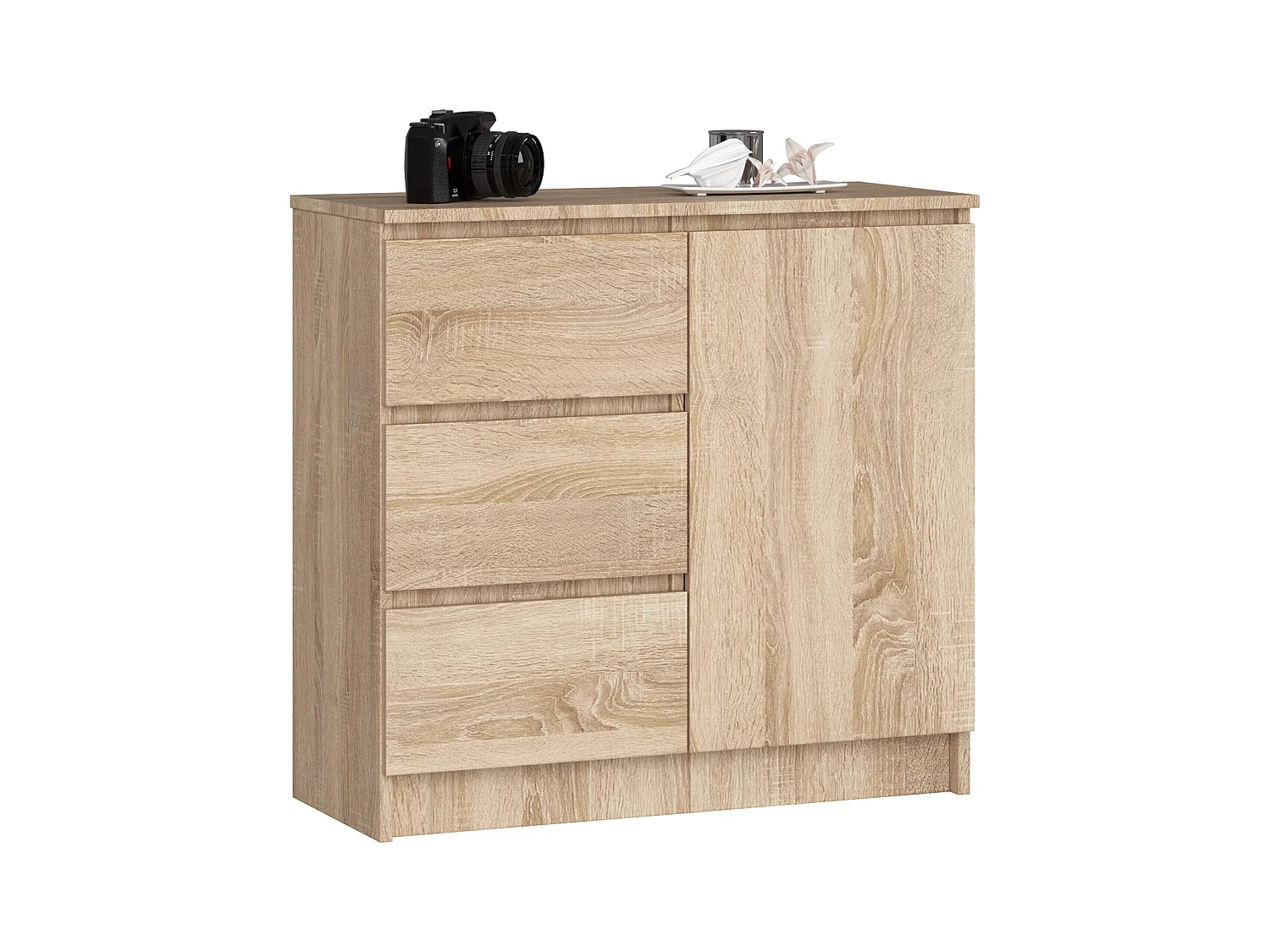 Commode AKORD JERRY Chêne Sonoma 80 cm 1 porte 3 tiroirs façade Chêne Sonoma 2 étagères 80x35x77 cm