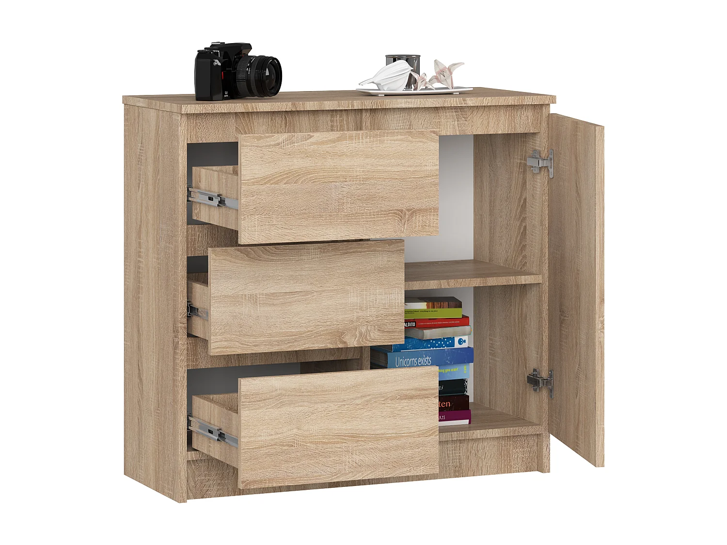 Commode AKORD JERRY Chêne Sonoma 80 cm 1 porte 3 tiroirs façade Chêne Sonoma 2 étagères 80x35x77 cm