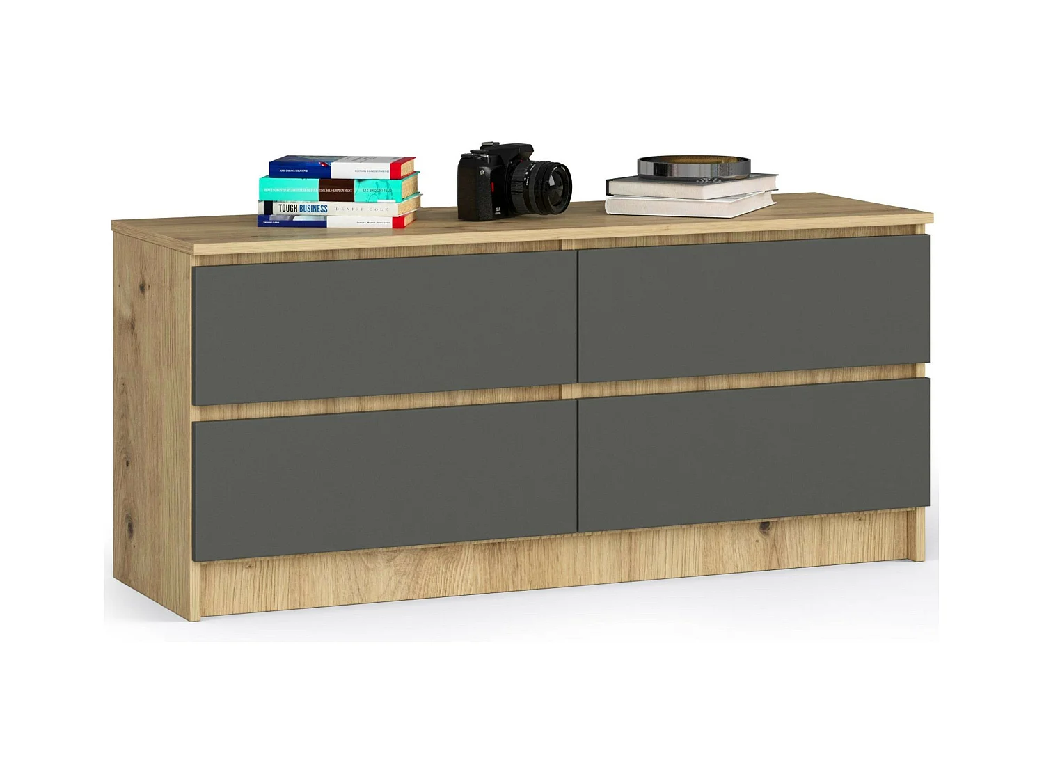 Commode AKORD K120 Chêne Artisan 120 cm 4 tiroirs façade Gris Graphite 120x40x55 cm
