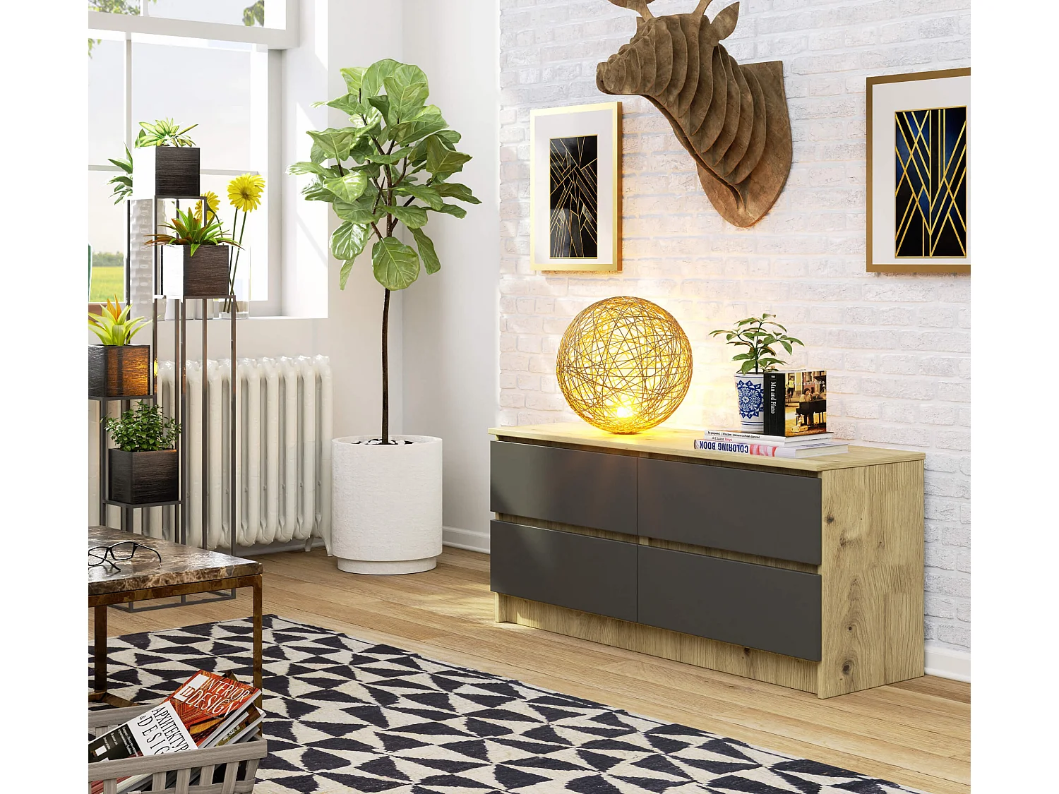 Commode AKORD K120 Chêne Artisan 120 cm 4 tiroirs façade Gris Graphite 120x40x55 cm