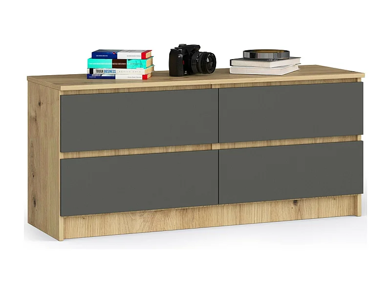 Commode AKORD K120 Chêne Artisan 120 cm 4 tiroirs façade Gris Graphite 120x40x55 cm