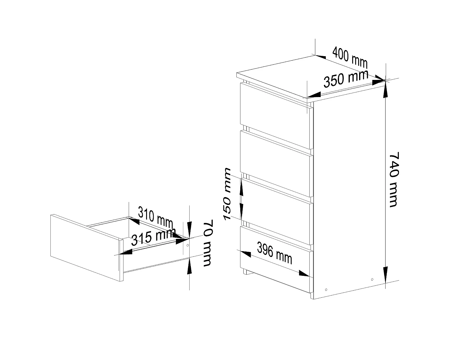 Kommode AKORD CL4 Weiß 40 cm 4 Schubladen B40 x H74 x T35 cm