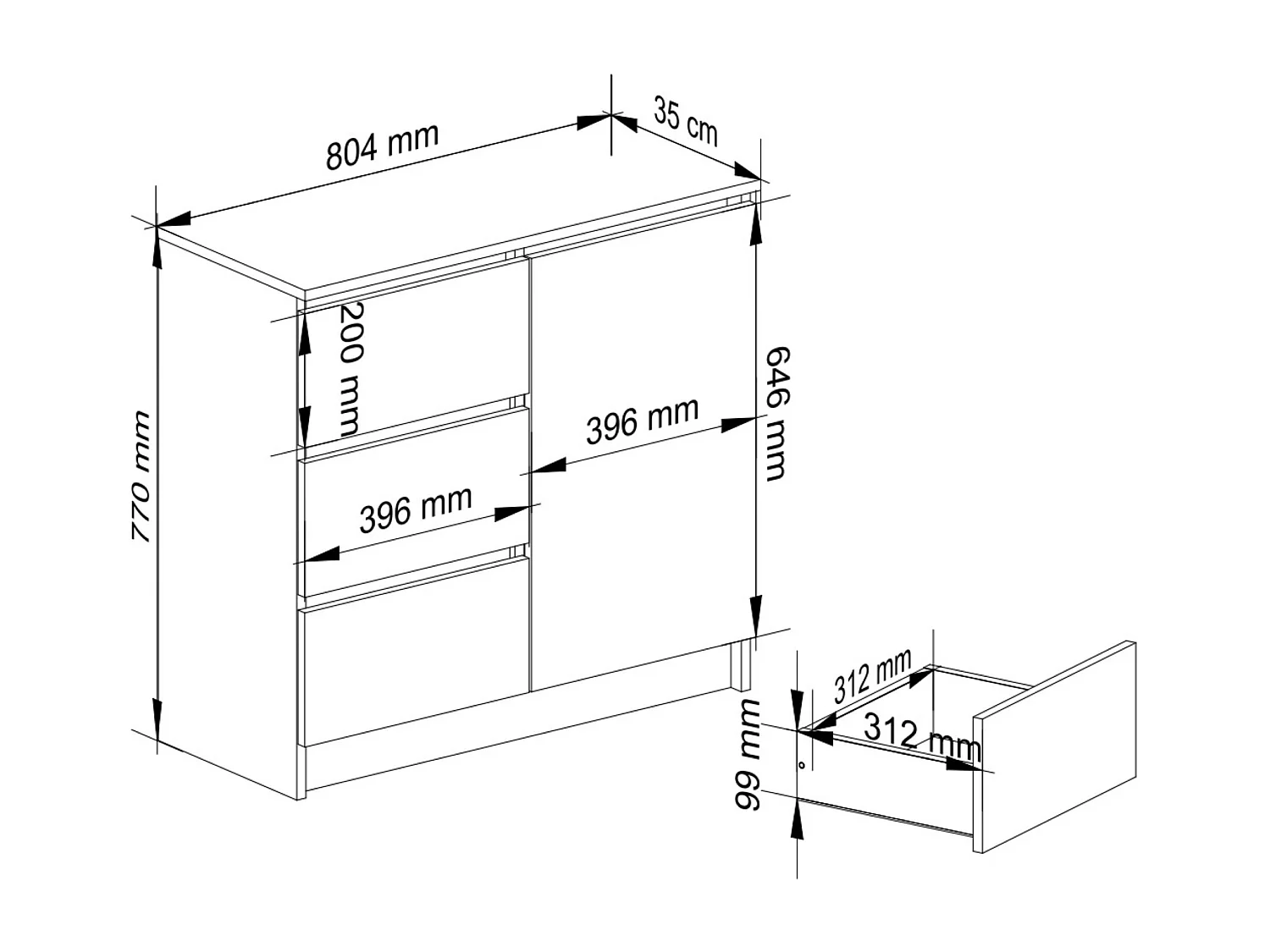 Komoda AKORD JERRY Biała 80 cm 1 drzwi 3 szuflady kolor Biały mat 2 półki 80x35x77 cm