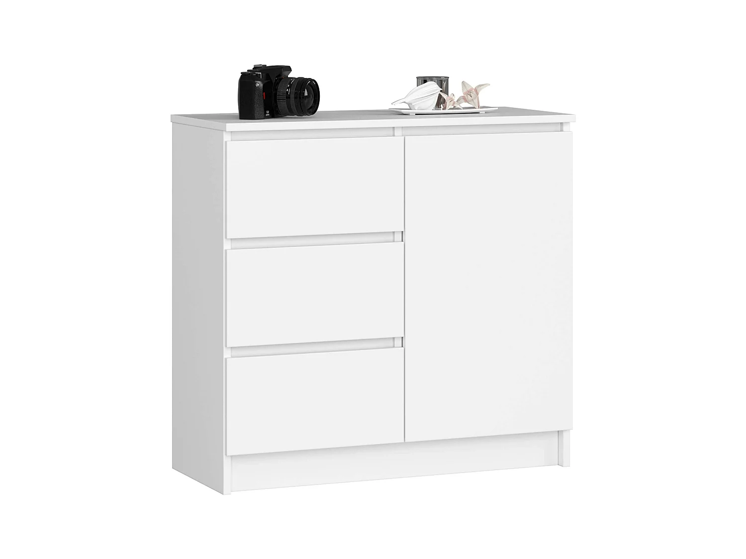 Commode AKORD JERRY Blanche 80 cm 1 porte 3 tiroirs façade Blanche 2 étagères 80x35x77 cm