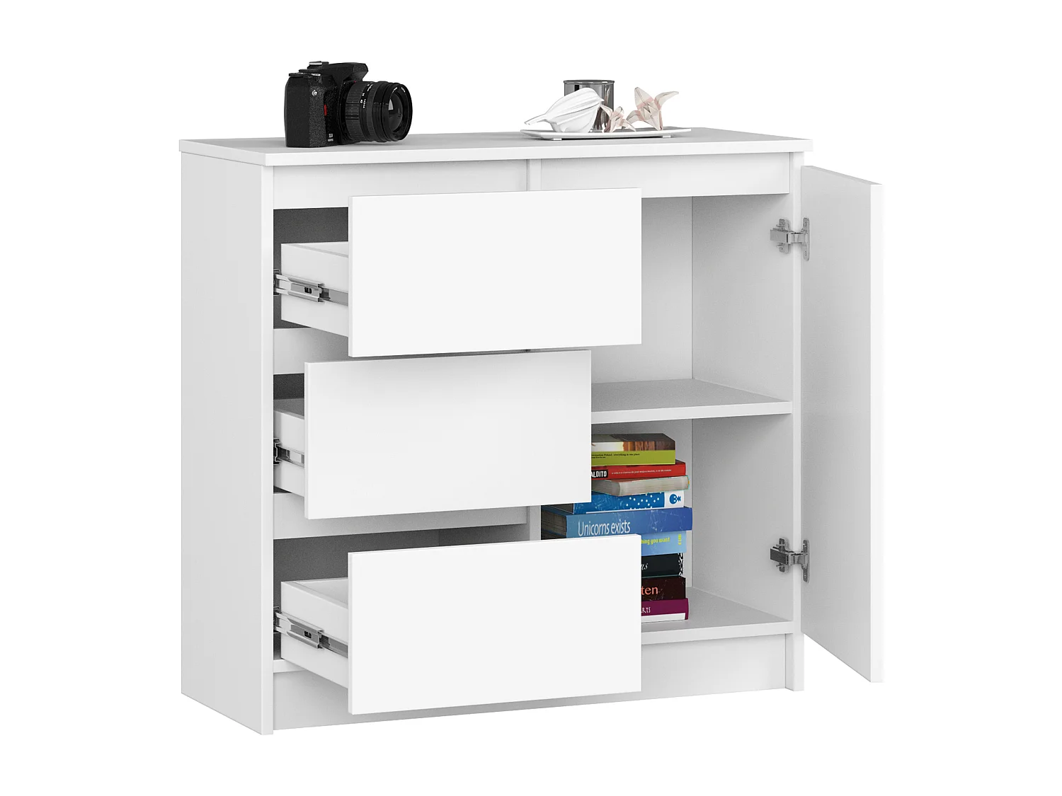 Kommode AKORD JERRY Weiß 80 cm Tür 3 Schubladen 2 Ebenen B80 x H77 x T35 cm