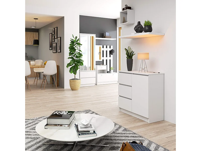 Cómoda AKORD JERRY Blanco 80 cm 1 puerta 3 cajones frente en color Blanco 2 estantes 80x35x77 cm