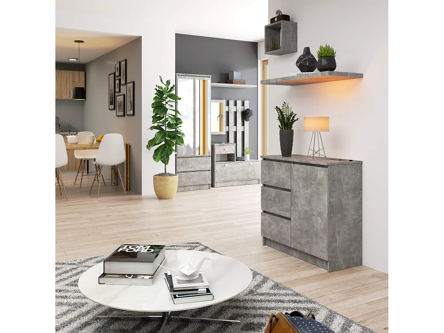 Kommode AKORD JERRY Beton 80 cm Tür 3 Schubladen 2 Ebenen B80 x H77 x T35 cm