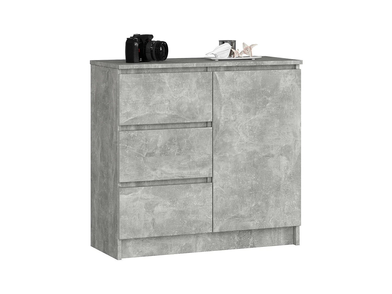 Commode AKORD JERRY Béton 80 cm 1 porte 3 tiroirs façade Béton 2 étagères 80x35x77 cm