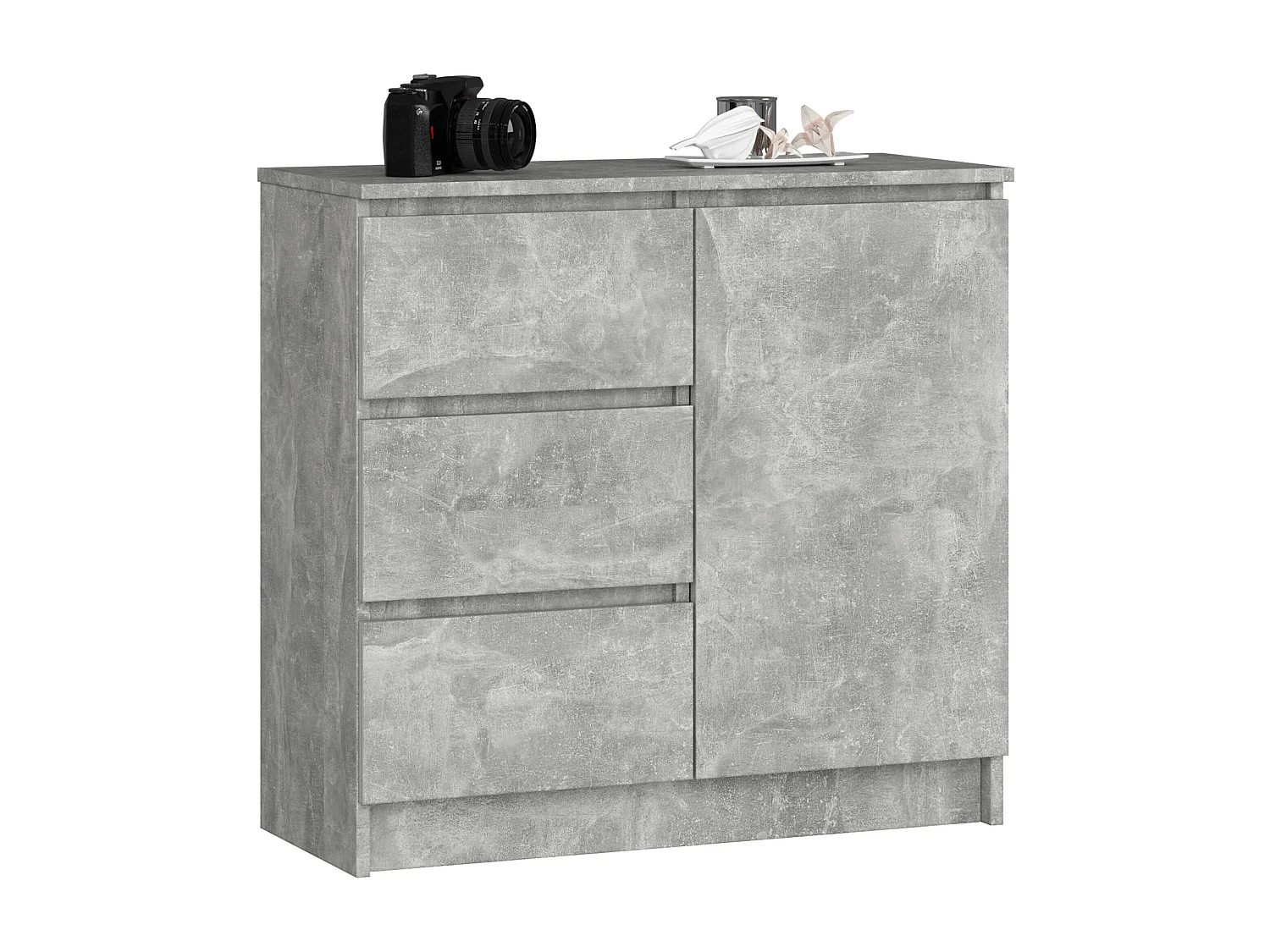 Commode AKORD JERRY Béton 80 cm 1 porte 3 tiroirs façade Béton 2 étagères 80x35x77 cm